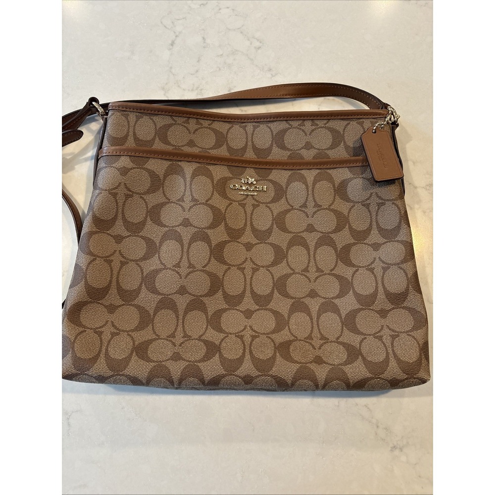 Coach F58297 Signature Coated Canvas Leather File Crossbody Khaki Bag Purse